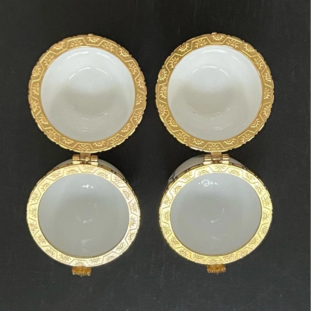 Trinket Box White Floral Gold Trim Hinged Footed Egg Set of 2 Small